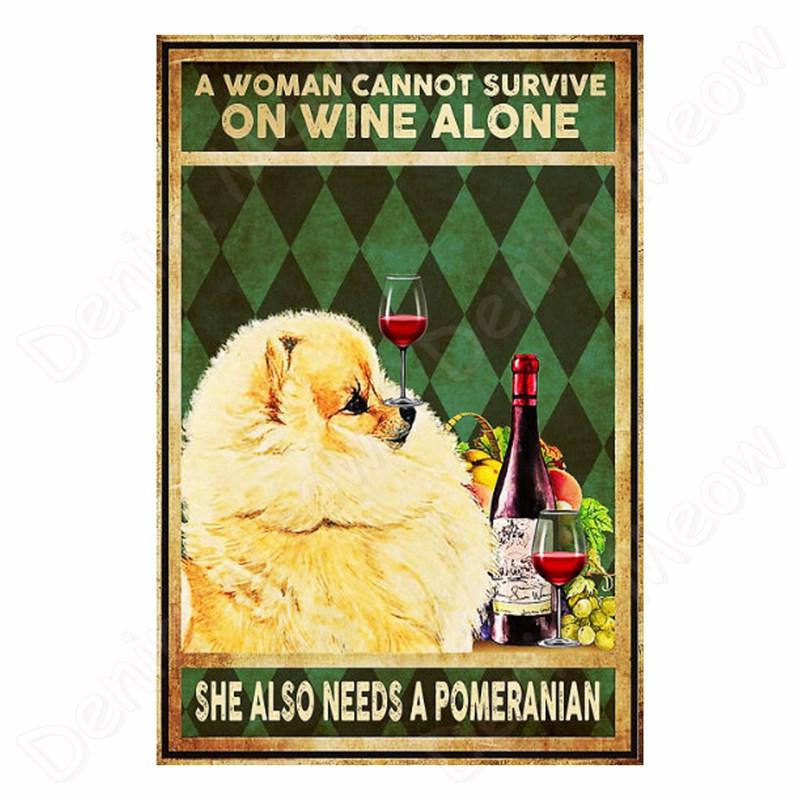 Vintage Bulldog Tin Sign for Home Wall Decor, A Woman Cannot Survive On Wine Alone, Funny Cat, Dog Metal Sign, Bar Decor
