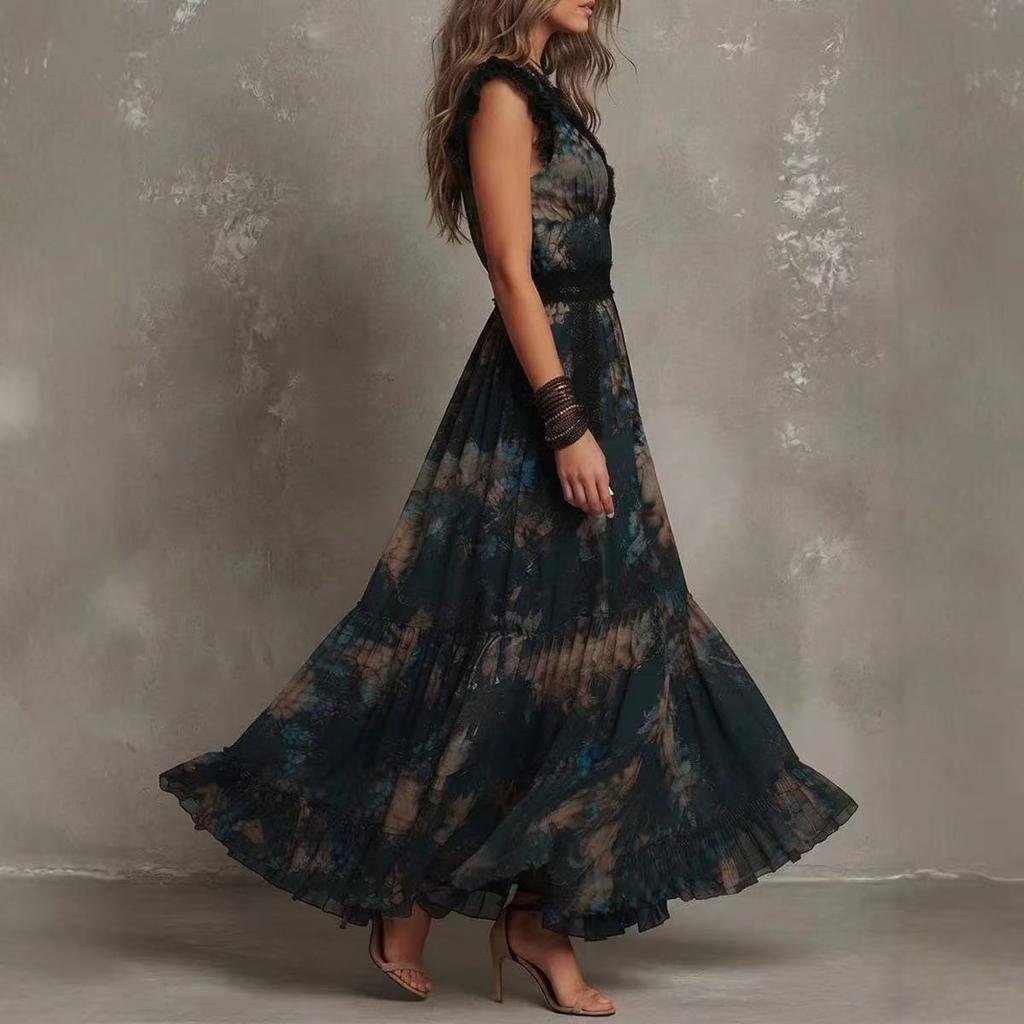 2026 European and American sleeveless digital printing V-neck elegant irregular long dress three-dimensional flower dress