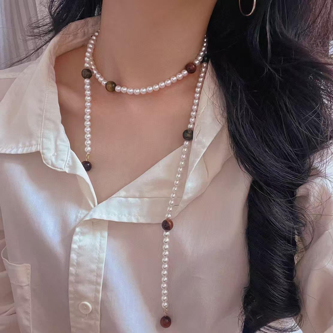 

Vintage 2024 Women S Highlight Imitation Australian White Artificial Pearl Natural Tiger S Eye Necklace Clavicle Chain