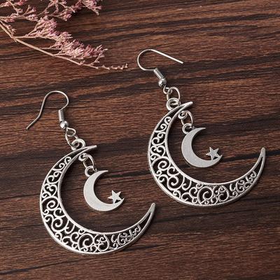 Silver Hollow Moon Crescent Shaped Earrings For Women, Vintage Alloy Trendy European And American Style Jewelry Gift