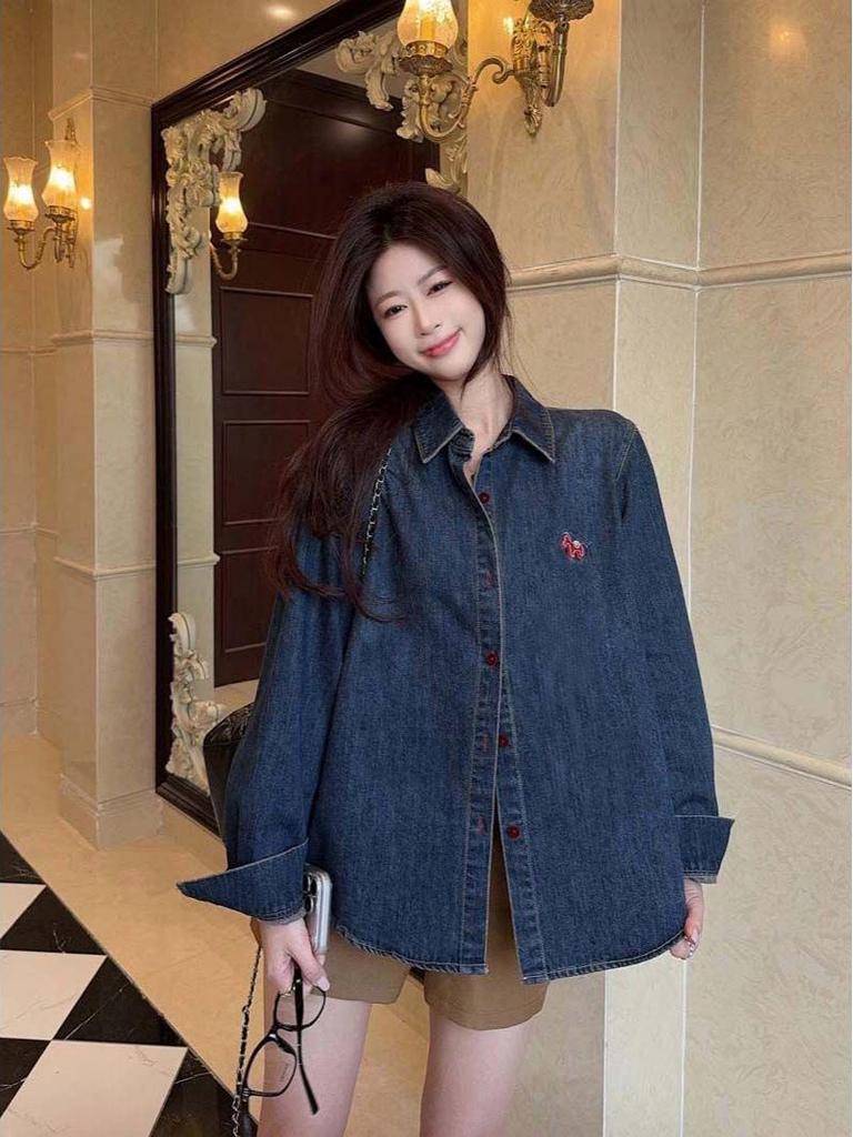 Deep Blue Retro Denim Shirt Jacket: Embroidered, Long Sleeve, Trendy Women's Spring/Autumn Style