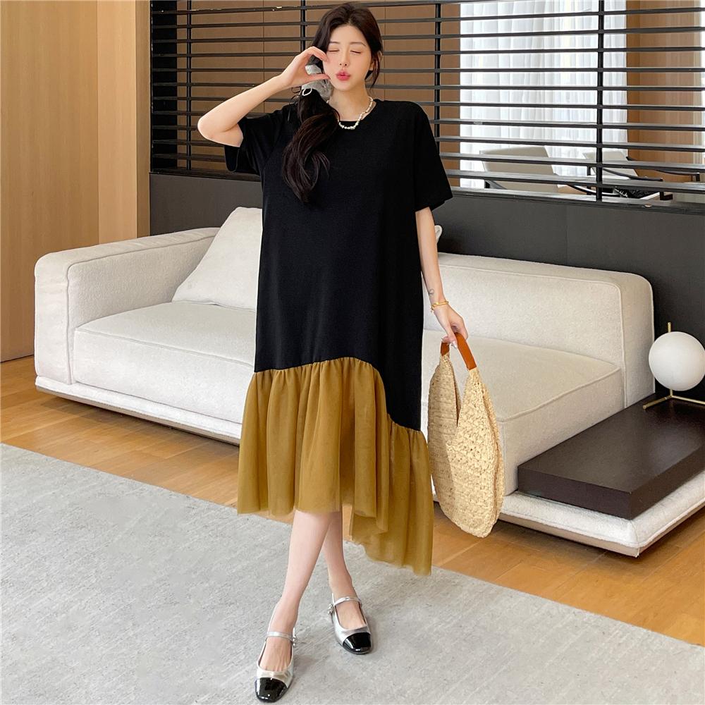 Dimanaf 2025 Summer Plus Size Dress Women Casual Vintage Spliced Dress Basic Loose Long Short Sleeve Dress Cotton