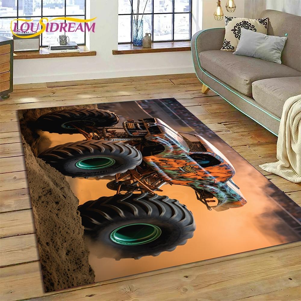Tapete Cartoon Monster Truck Monster Jam para Sala de Estar Quarto Decoração de Casa, Tapete de Chão Antiderrapante Decoração para Sofá Capacho