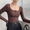 All-in-one Woolen Square Collar Shoulder T-shirt with Chest Pad Autumn and Winter Slim Long Sleeve with A Base Blouse Blouse Woman