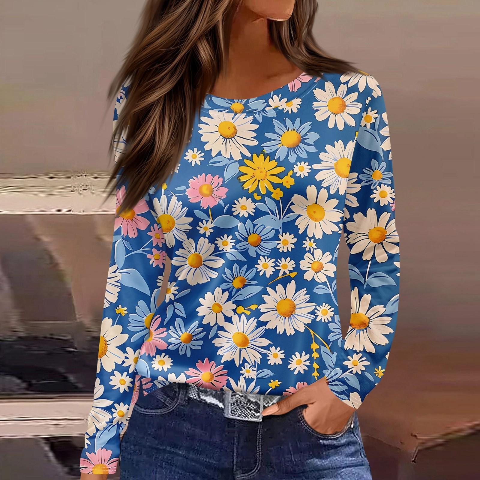 

Женская модная повседневная свободная футболка с принтом и круглым вырезом с разрезом и длинным рукавом, женский топ XXXL синий