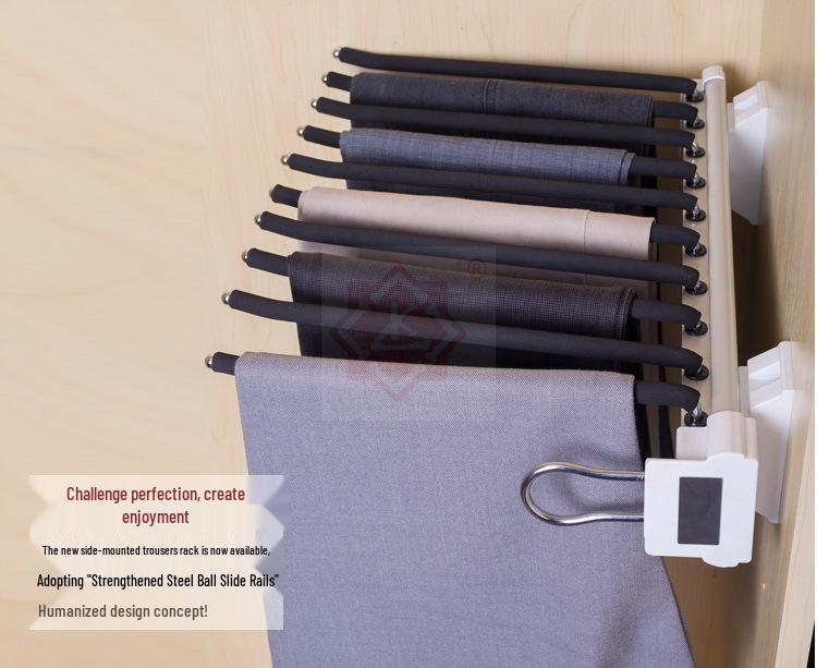 Side-Mounted Pull-Out Telescopic Trouser Rack with 10 Rods for Walk-In Closets
