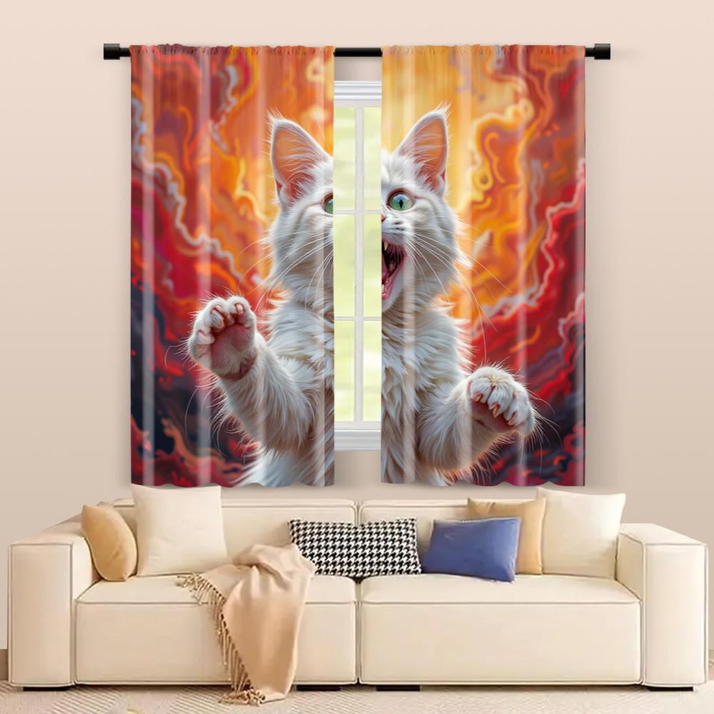 2 Pcs, Filtering Curtains (excluding Rods, Non-movable, Without Batteries) Screaming Cat for Use In Bedrooms and Living Rooms