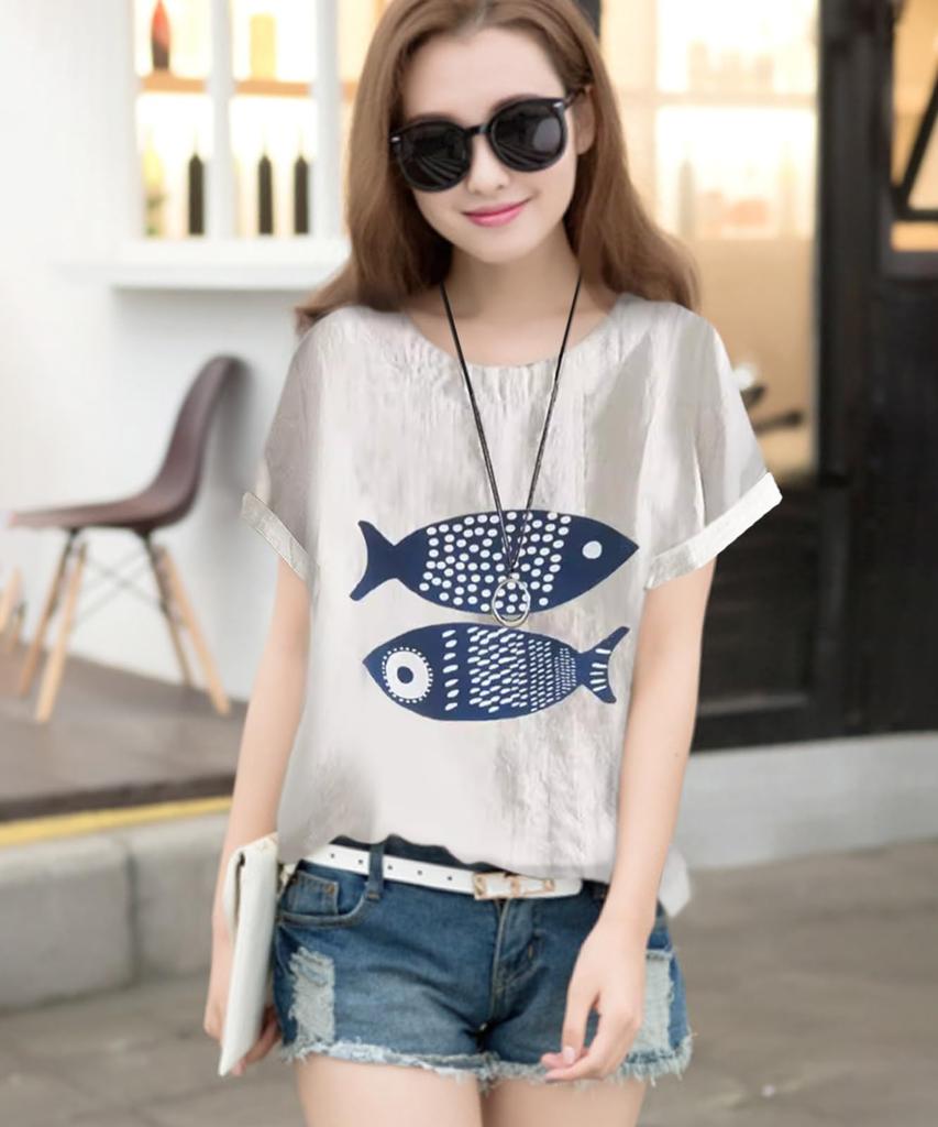 Second Roots Fish Print Summer Fish Short Loose Plus Perfect for and Office Single Plus Blouse, Women's, Top, Pattern, Sleeve, Fit, Sizes, Stylish,
