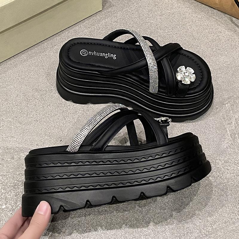 Mode Damen Sommer Bling Klobige Pantoletten Hohe Plateau Flip Flops 8,5CM Keilabsatz Pantoletten Süße Mädchen Sandalen Offene Zehen Strandschuhe