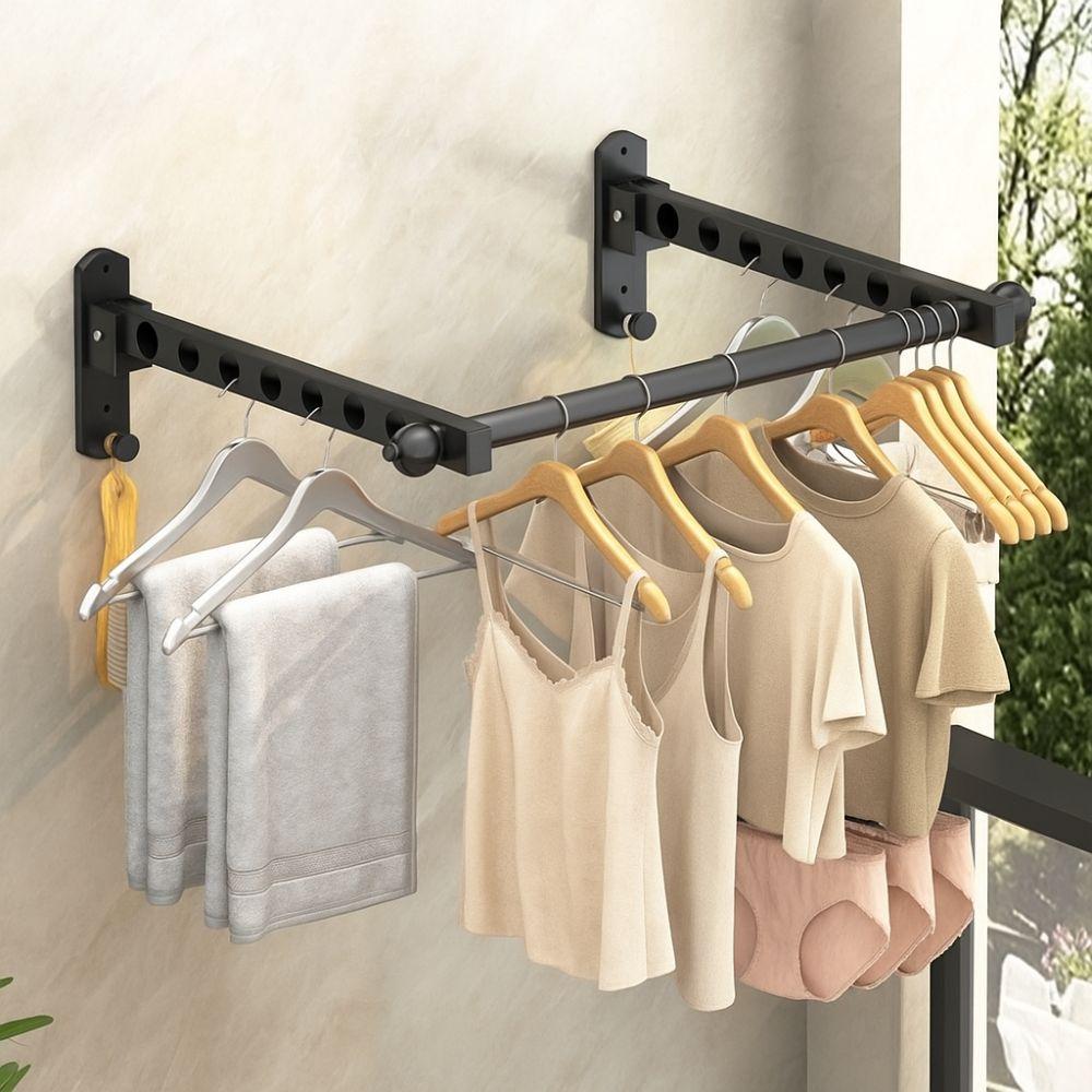 6/8/10 Holes Wall Mounted Clothes Hanger Non-Punching Foldable Drying Rack Space Saving Retractable Clothes Drying Hanger