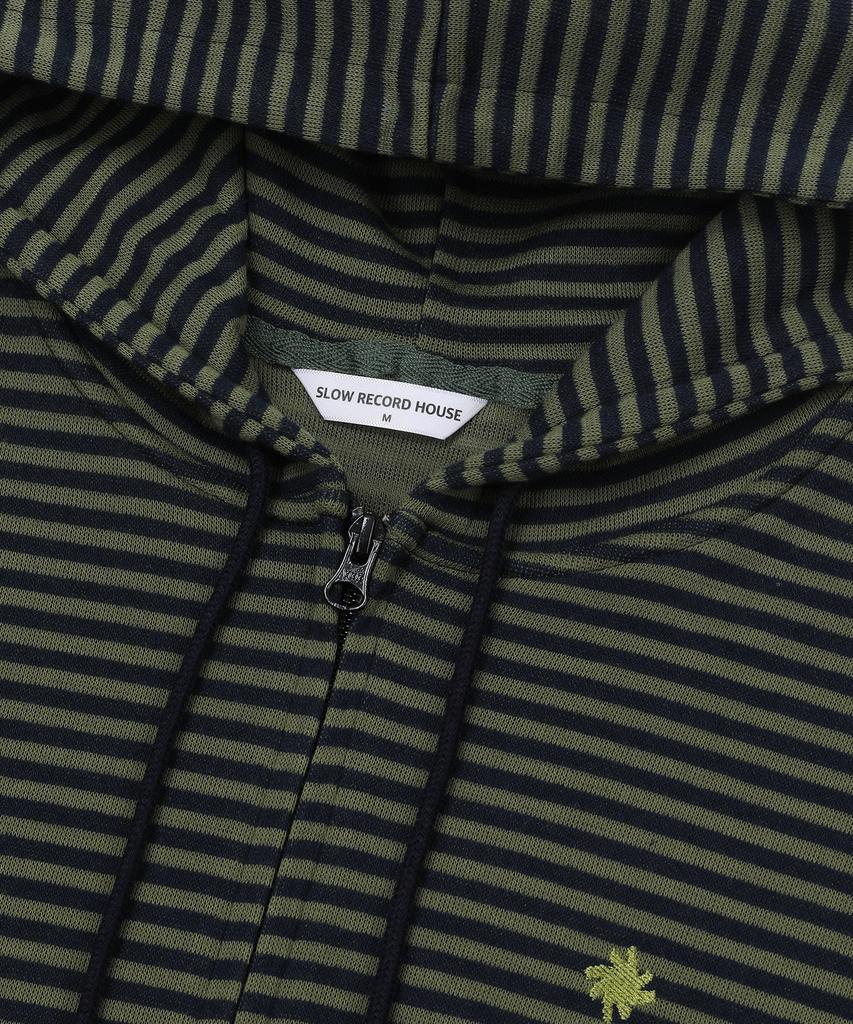 Slow Record House Striped Knit Zip-Up Hoodie_Khaki