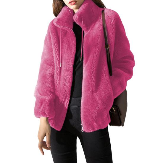Winter Fleece Jacket for Women Full Zip Up Stand Collar Coat Fuzzy Long Sleeve Outerwear with Pockets