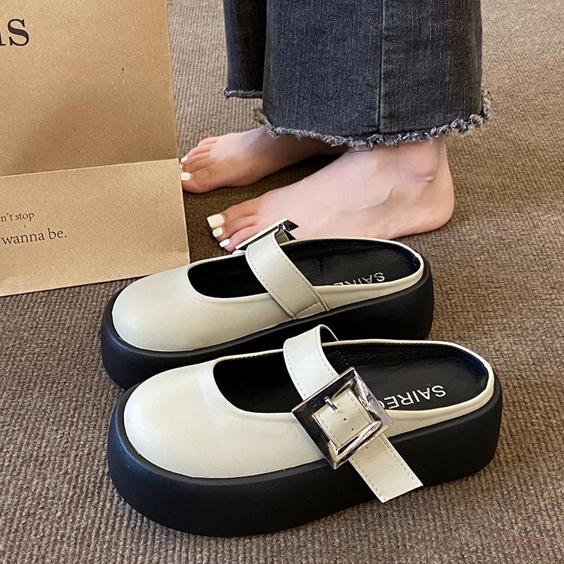 

2025 лето новый ретро круглый носок на одной педали Мэри Джейн пряжка ремня толстая подошва сумка голова тапочки женские 40 хаки
