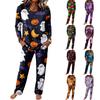 Women's Round Neck Long Sleeve Drawstring Wide Leg Pajama Set for Casual Loungewear