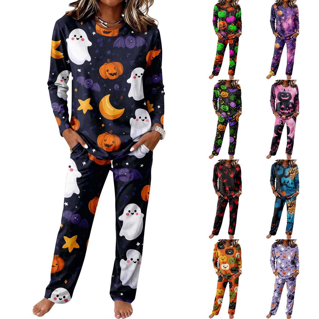 Women's Round Neck Long Sleeve Drawstring Wide Leg Pajama Set for Casual Loungewear