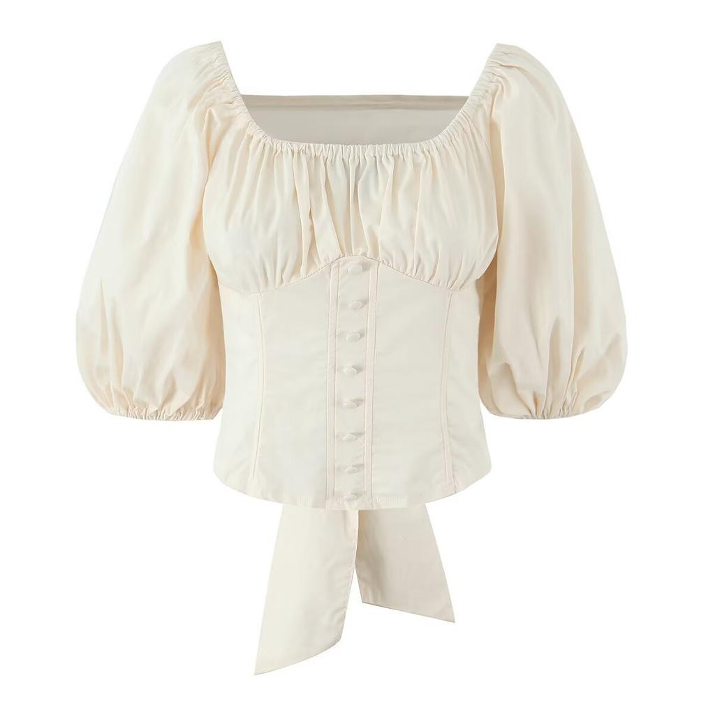 European and American style, new women's clothing forlove, the same bow bubble sleeve shirt has keel.