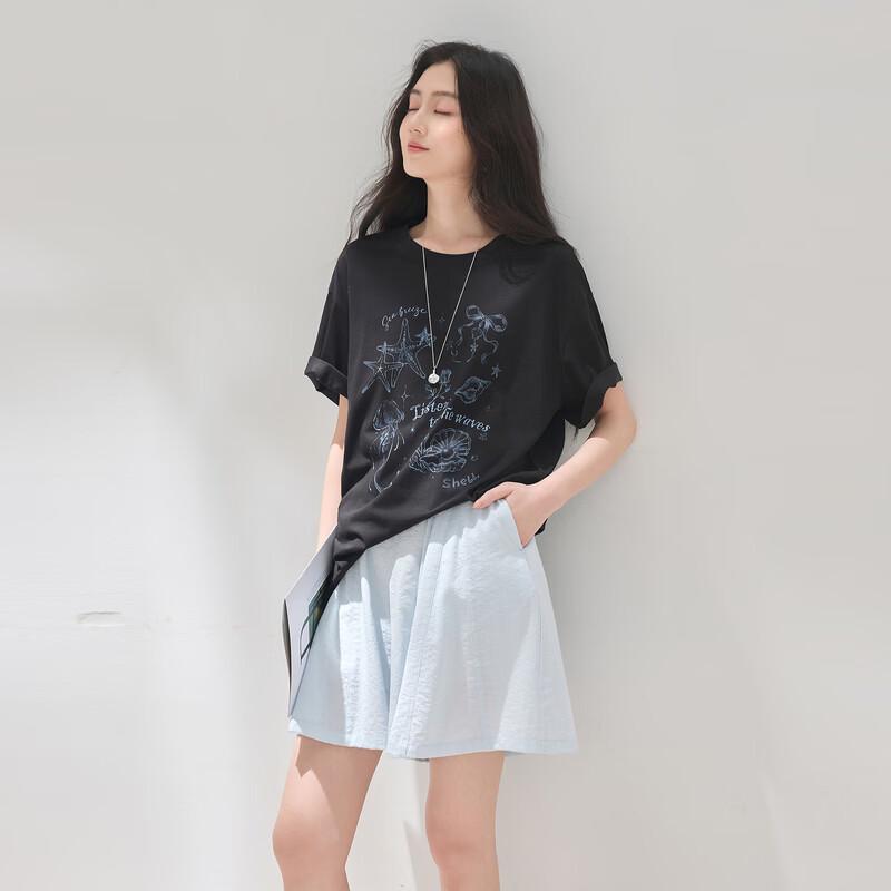 Ocean Print Letter Loose Mid-Sleeve T-Shirt