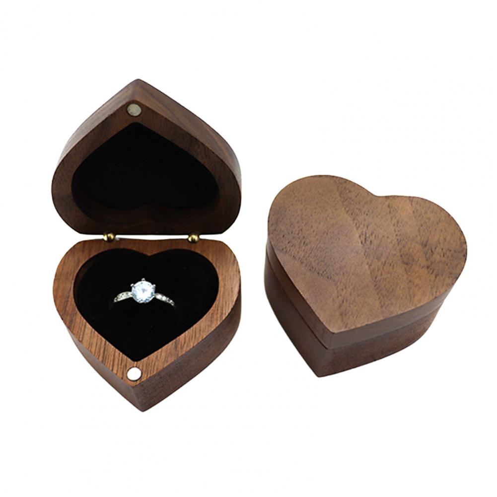 Ring Storage Box Heart-shaped Walnut Wood Jewelry Box Velvet-padded Ring Storage Case Smooth Polished Surface Wedding Proposal