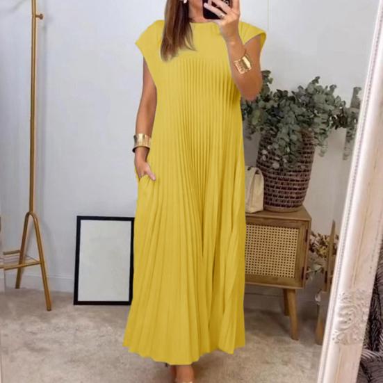 Women's Summer Sleeveless Midi Dress Pleated A Line Casual Crewneck Swing Dress Flowy Long Party Dress