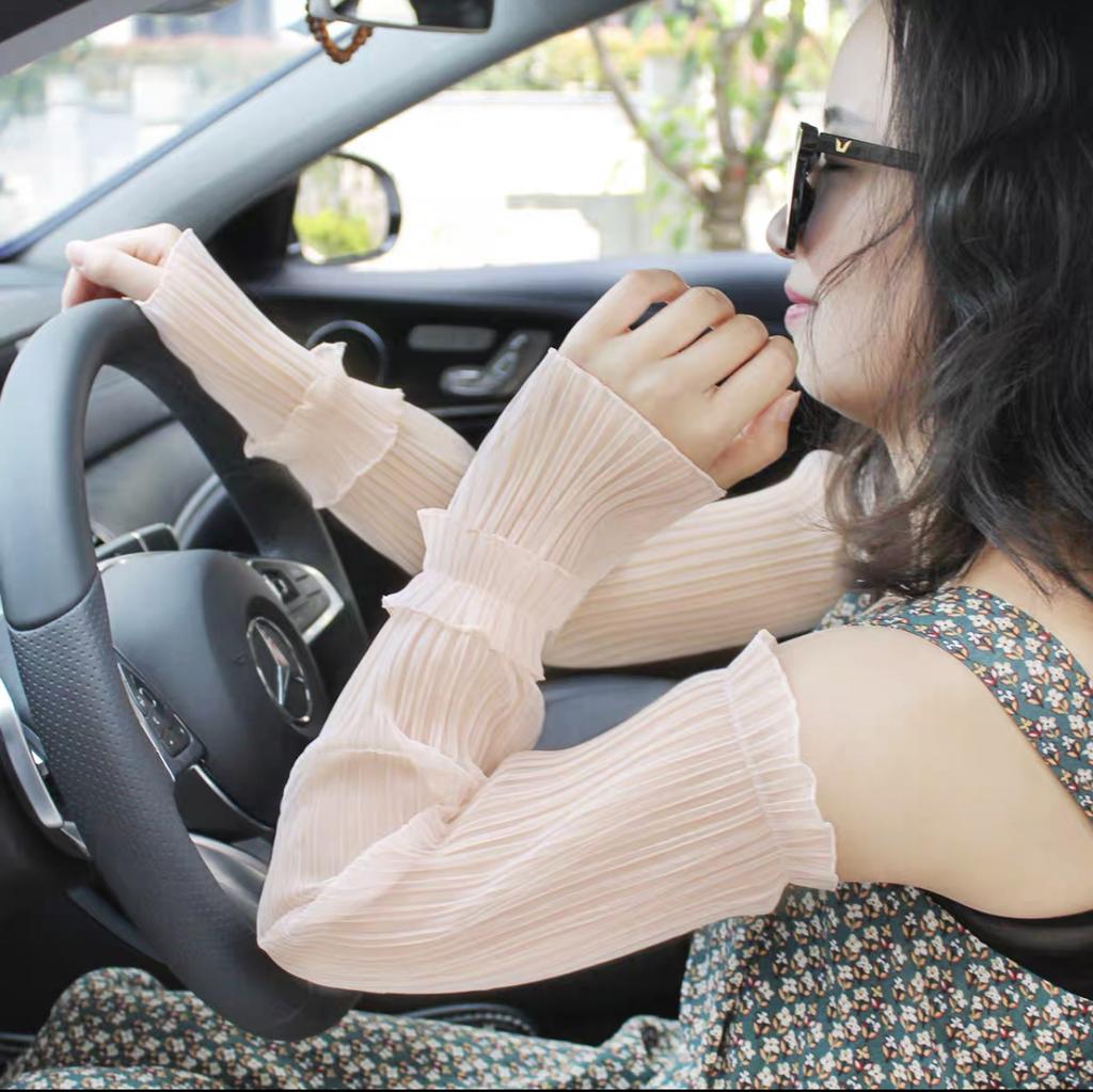 Summer Car Driving Long Lace Sleeves Sunscreen Gloves UV Protection Thin Ice Silk Breathable Women Arm Sleeves Moto Street Gear