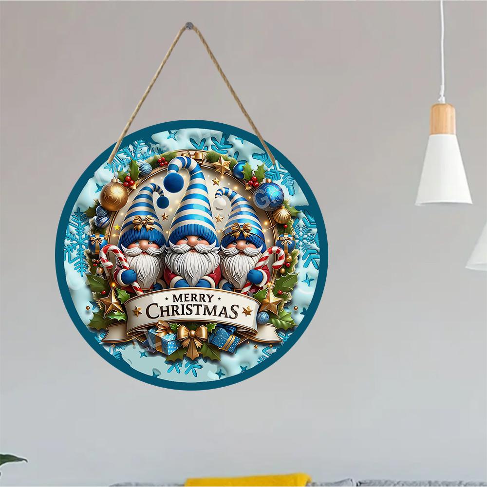 Blue Gnome Winter Holiday Sign Round Wooden Hanging Plaque Home Wall Decor Christmas Front Door Hanging Ornament Festive Gift Indoor Display