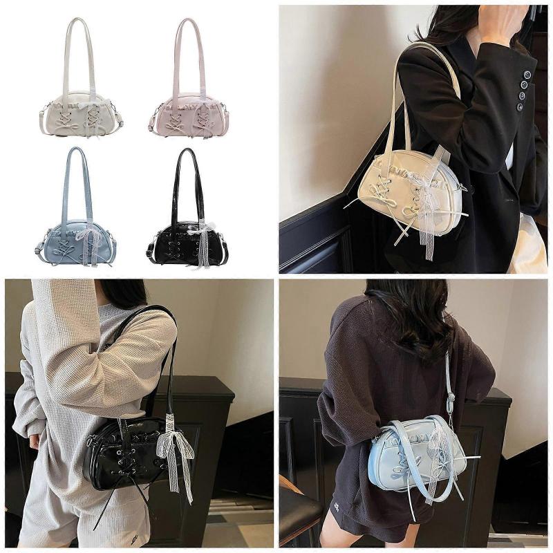 Fashionable Lace Embellished Shoulder Bag Bowknot Design PU Leather Crossbody Bags Casual Underarm Purse For Women Pink
