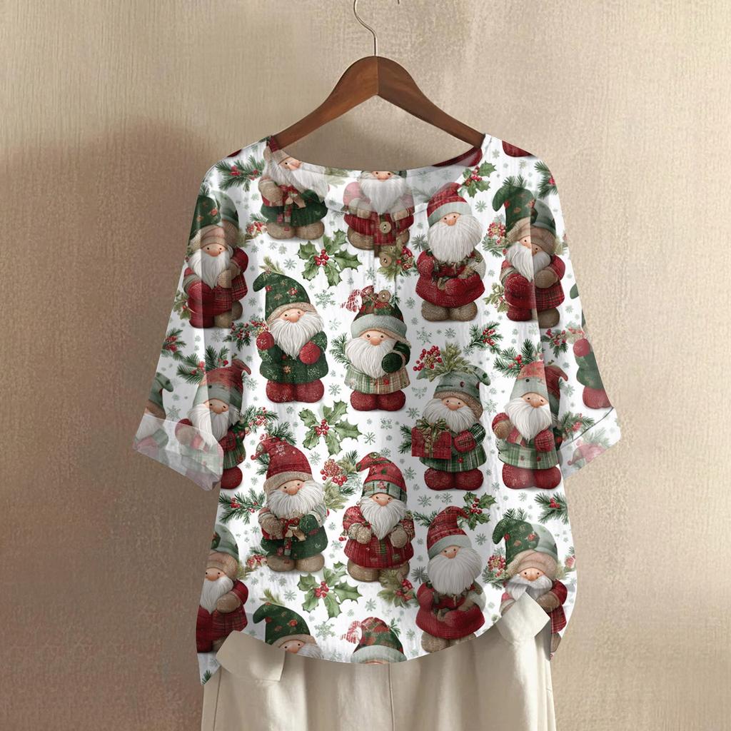 Women's Fashionable And Casual Shirt Half-sleeve Round Neck Print Cotton And Linen Blouse Top