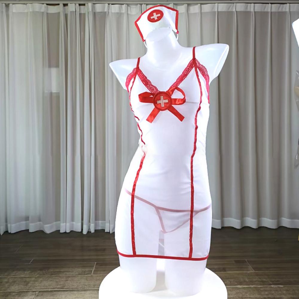 Sexy Lingerie Set Transparent Lace Bra Panty Garter Nurse Costume Women Role Play Erotic Underwear
