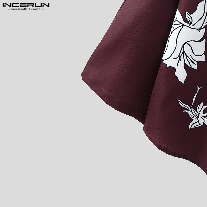 INCERUN Men Lapel 3/4 Sleeve Floral Print Casual Loose Oversized Shirts Tops