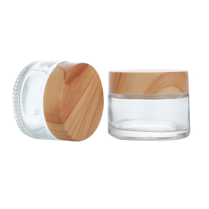 Transparent Glass Cream Jar with Wood Grain Lid for Cosmetics