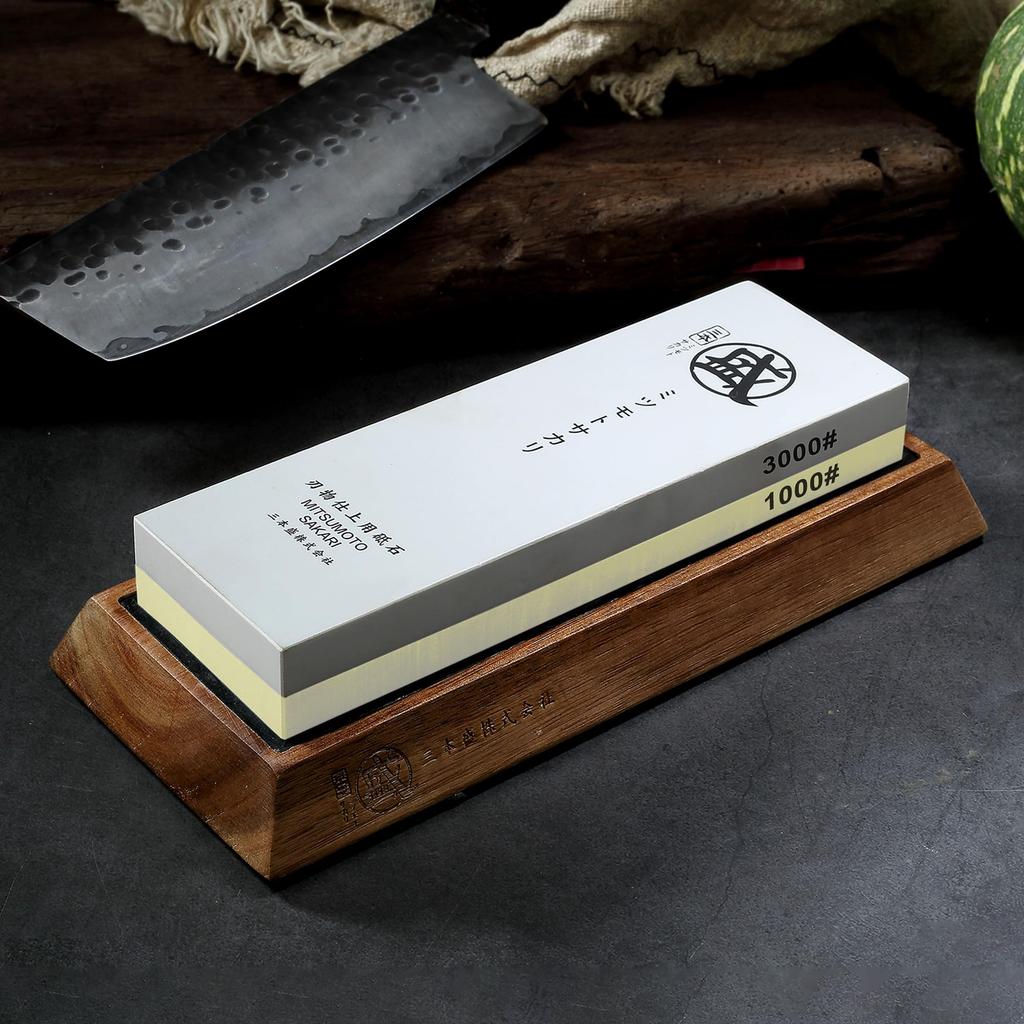 MITSUMOTO SAKARI Professional Sharpening Stone Set with Wooden Stand for Kitchen Use Double-Sided (1000/3000 Grit) Non-Slip