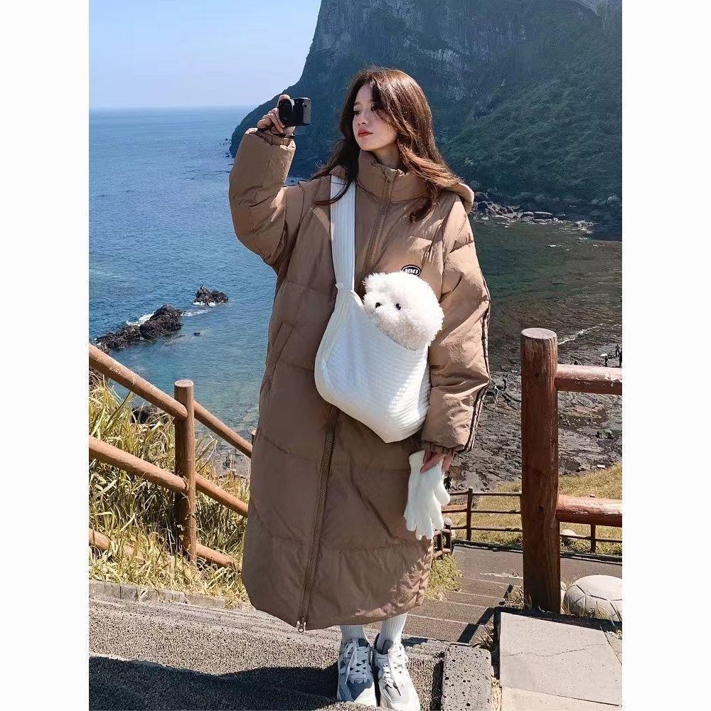 Three Stripes Long Down Jacket Women's Winter New Wide Korean Style Pine Jacket Over-the-Knee Padded Jacket Thickened Jacket