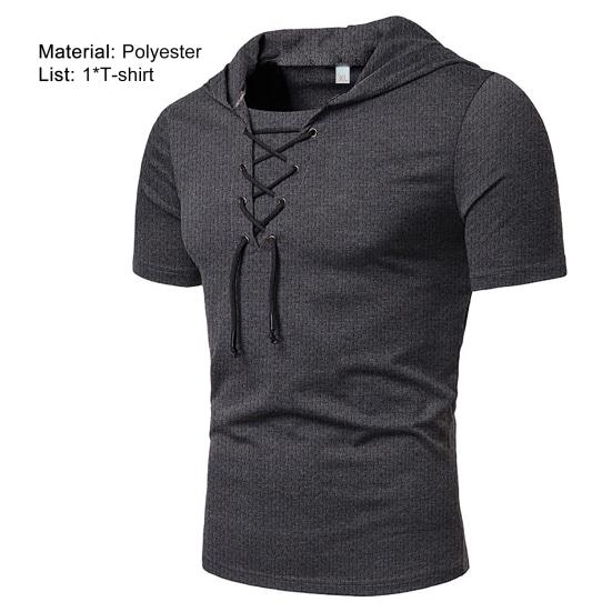 Men T-shirt Pure Color Lace-up Breathable Casual Summer Top for Daily Wear