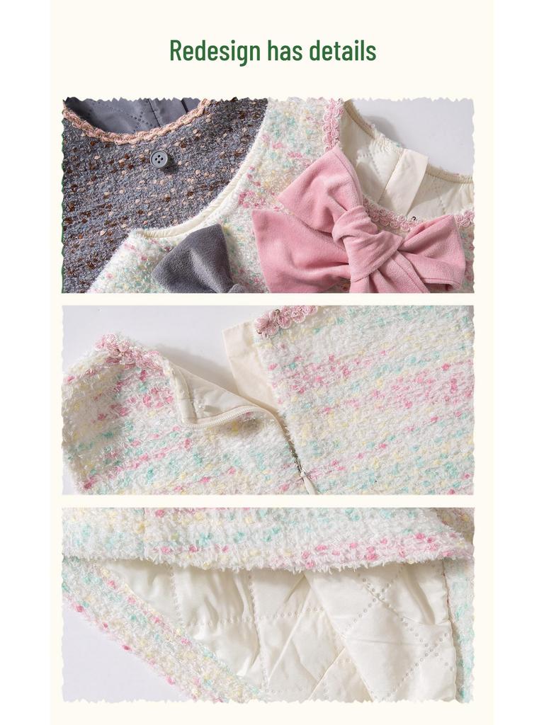 Tongbei 2025 Winter Girls' Sweet Bow Wool Sleeveless Dress