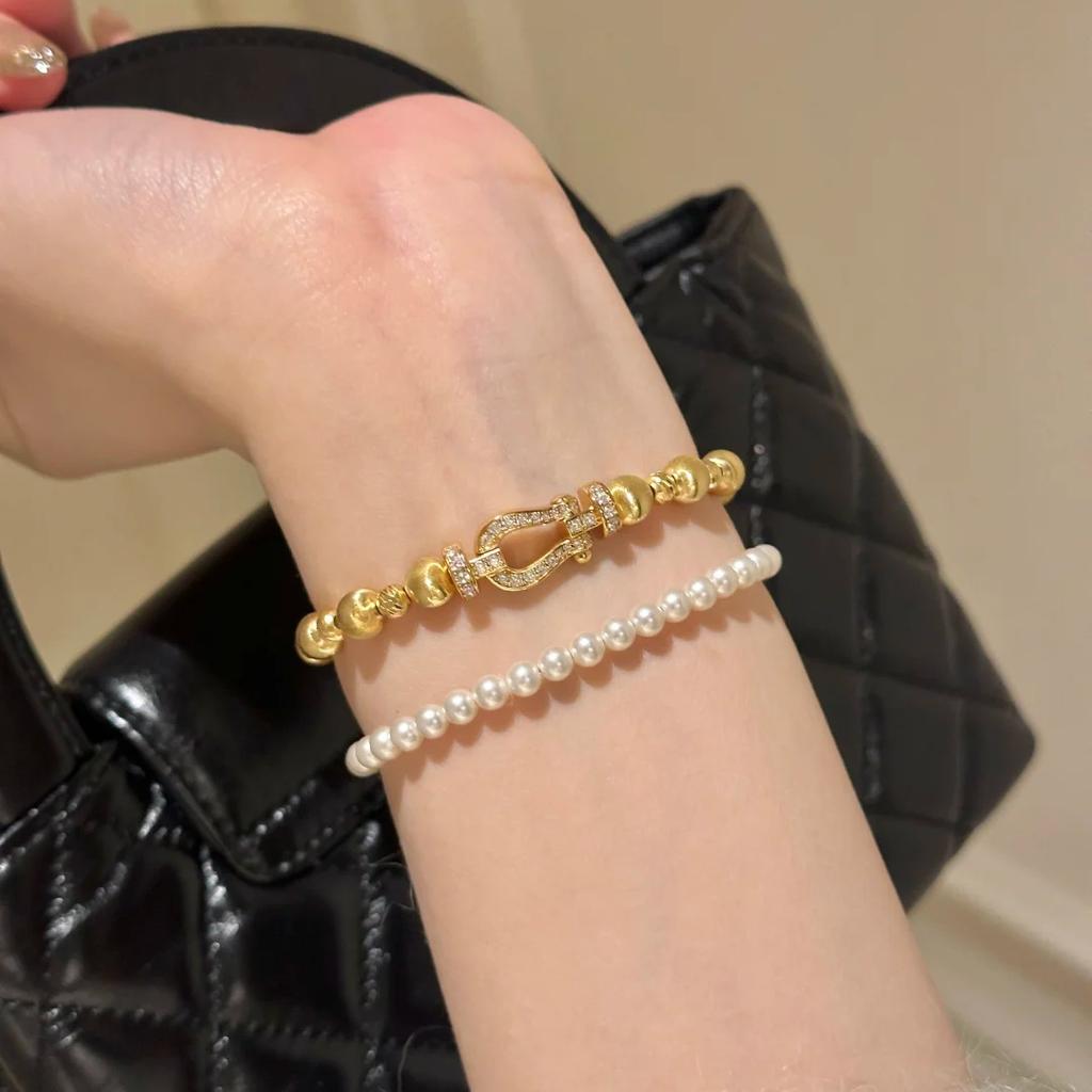 French Retro Diamond-Encrusted Cat'S Eye Horseshoe Buckle Bracelet Women'S Antique Niche High-End Elastic Rope Jewelry Bracelet