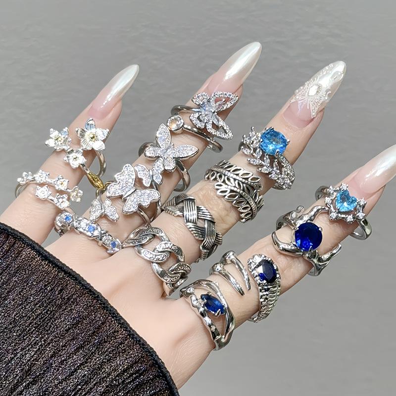 Niche Design Butterfly Rose Blue Zir*****Pen Ring Stacked With Personalized Light Luxury High-End Ring Woman