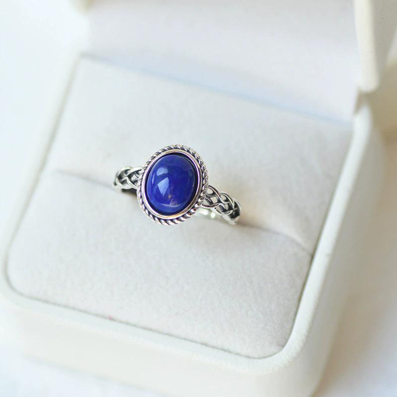 Thai Silver Hollow Twist Blue Stone Adjustable Finger Rings For Men Women Fashion New Female Jewelry Gift Party Holiday
