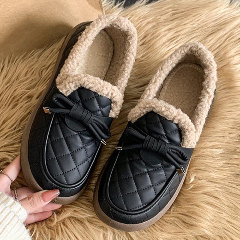 Fashion Pu Leather Snow Boots for Women 2025 Winter Korean Bowknot Detor Plush Booties for Woman Non Slip Keep Warm Snow Boots Lady
