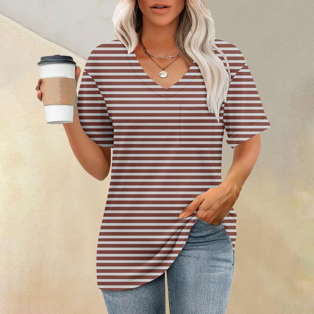 Fashion Pocket V-Neck Short Sleeve Striped Print T-Shirt Top