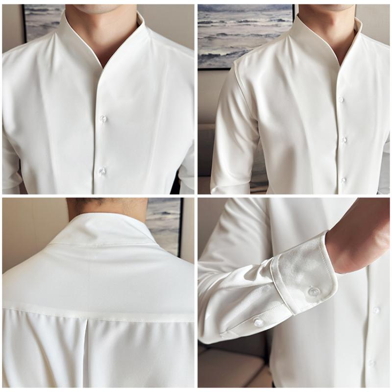 Spring Autumn New Men's V-Neck Shirt British Style Anti-Wrinkle Soft Solid Casual Elastic Slim Fit Long Sleeved Shirt Men Clothing