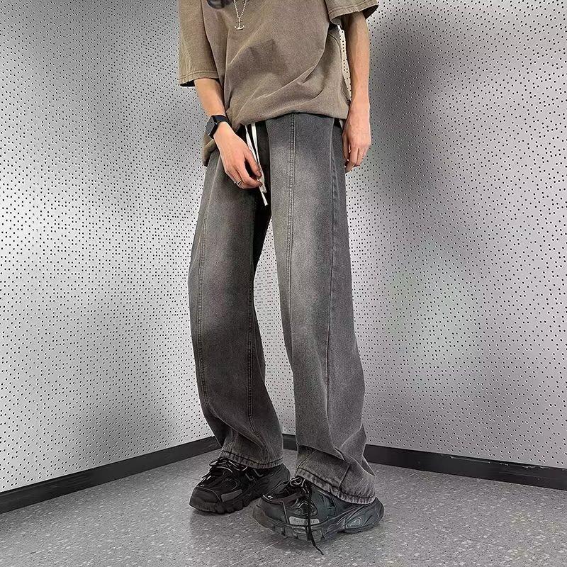 Spring youth popular ins loose straight zipper trousers spell material tide wash new middle waist men's jeans