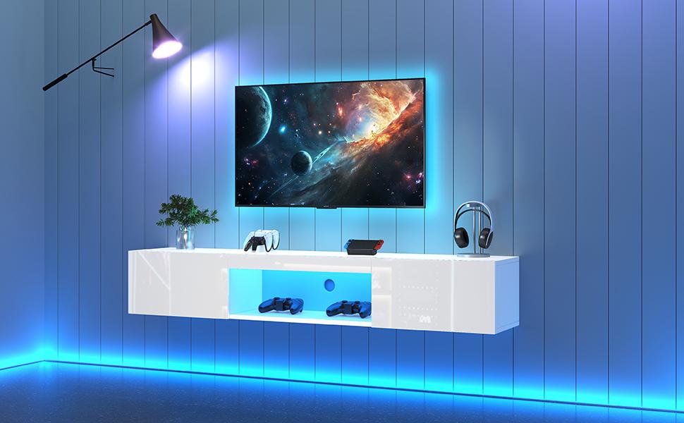 Mobile da Parete Bianco Lucido 160*31*22cm per TV da 70 Pollici, Capacità di Carico 30kg, con Illuminazione LED, Controllo App Bluetooth, Supporto TV da Parete