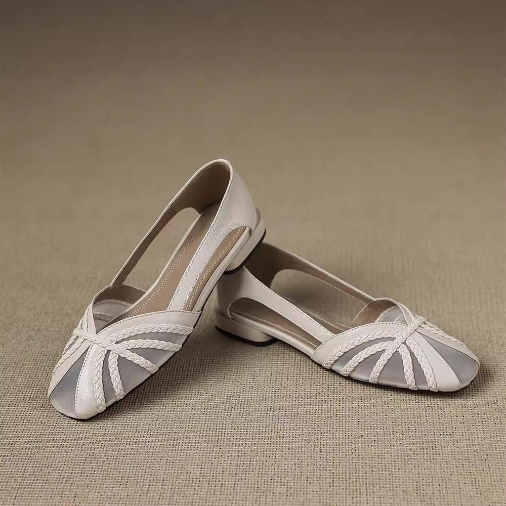 

2025 new French woven thick heel lightweight light mouth single shoes summer mesh breathable square head low heel women s shoes 35