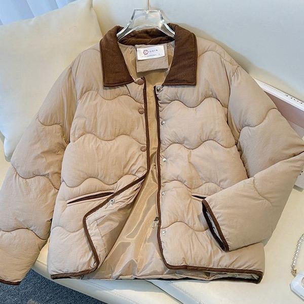 Small Fragrance Korean Version of Contrast Seam Cotton-padded Jacket Short Autumn and Winter Short Retro Lapel Thin Padded Jacket.