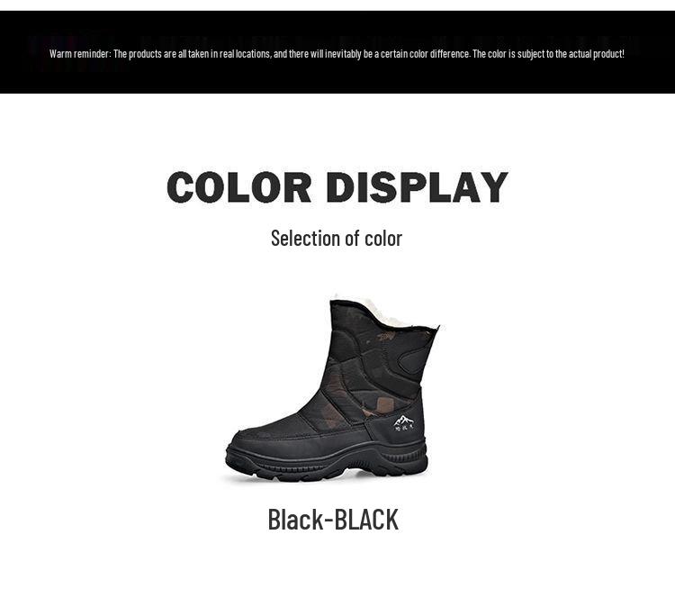 Men's Black High-Top Winter Snow Boots - Thickened, Non-Slip, Warm Cotton, With Zipper