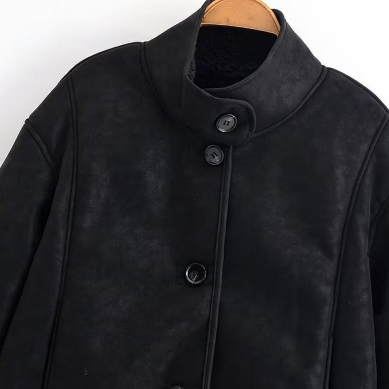 Womens Fleece-Lined Suede Jacket Short Warm Hoodless Coat Casual Korean Style Fall Winter