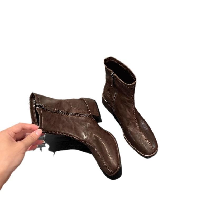Washed Cowhide~ Leather Square Head Retro Thin Boots Short Boots Women's Thick Heel Small Ankle Boots British Style Martin Boots Single Boots