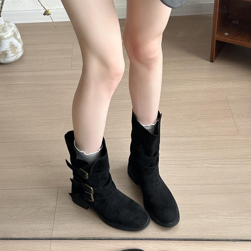 Belt buckle two wear lapel stack boots women's autumn and winter new thick heel Martin boots western cowboy locomotive short boots