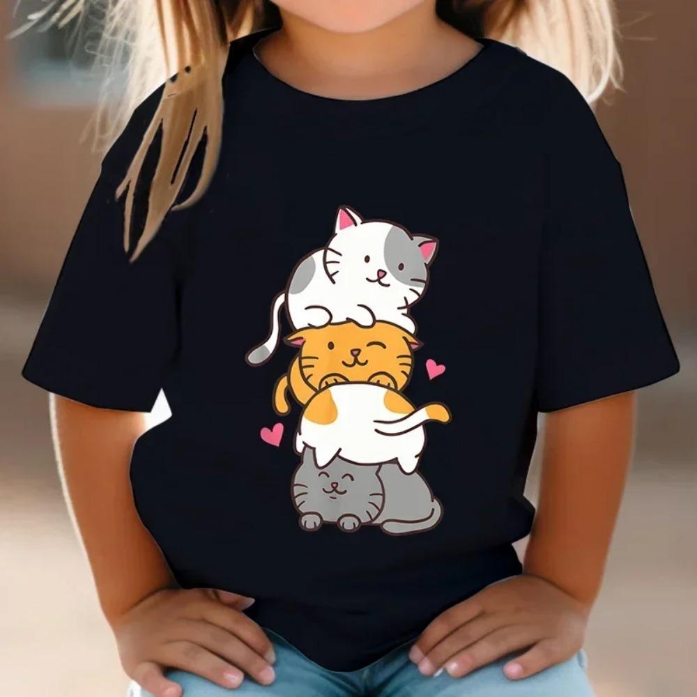 Top Cute Cat Graphic 3-12 Year Kids Tshirts Summer Short Sleeve Tees Cartoon Animal Boys Girls Clothes  Y2K  T-shirt