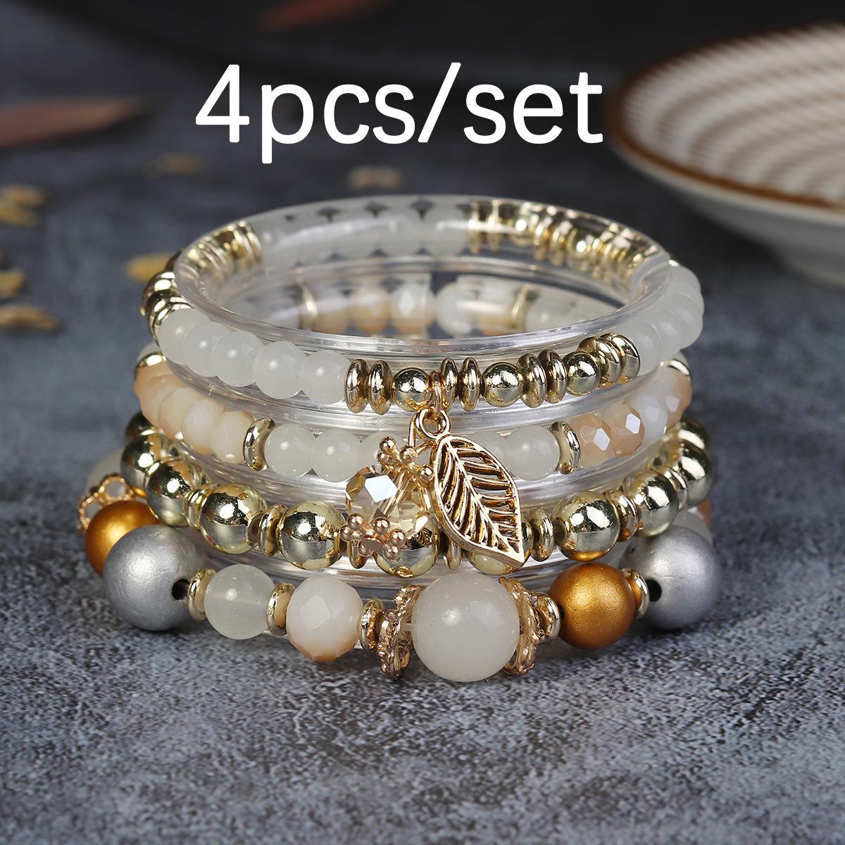 Bohemian Beaded Bracelet with Leaf Pendant and Crystal Charms белый